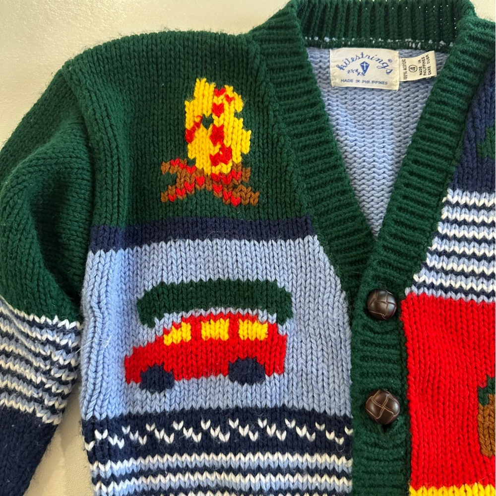 Kitestrings Vintage Yarn Knit Boy Scout Wood Button Down Cardigan Boys Size 4 - Picture 3 of 8